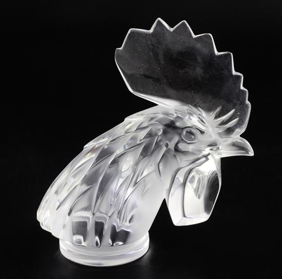 Tête de Coq/Cocks head. A glass mascot by René Lalique, introduced on 3/2/1928, No.11807, Height 17.5cm.